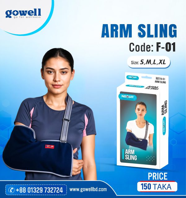 Woman wearing arm sling on right side